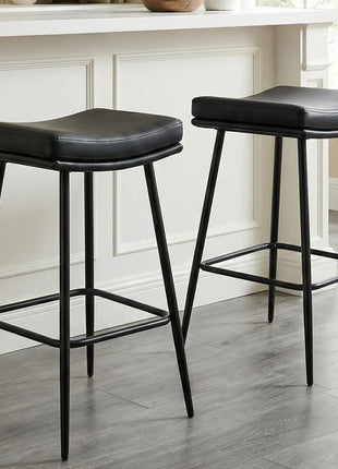 Set of 3 Contemporary 26-Inch Black Leather Backless Saddle Bar Stools with Dual-Layer Cushion and Metal Legs for Kitchen Counter and Dining Room