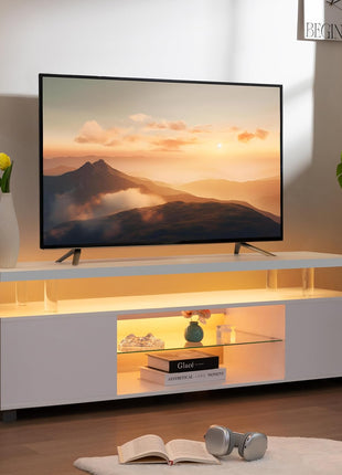 Contemporary White LED TV Stand with Storage for 55-65 Inch Televisions - Living Room Entertainment Center