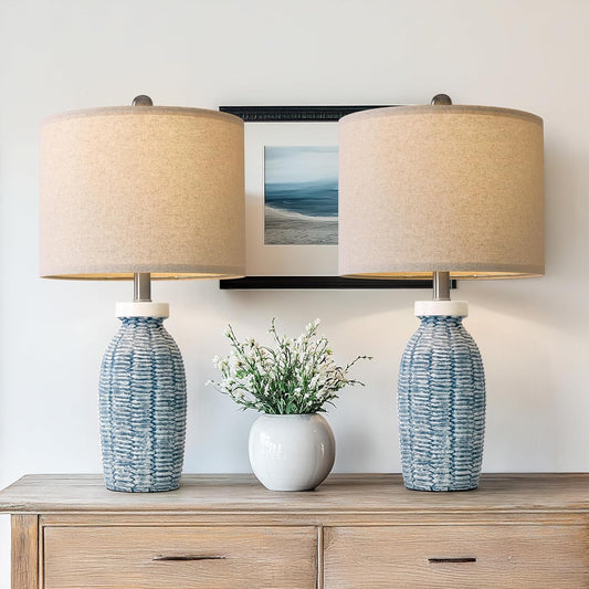 22.75" Table Lamps for Bedroom Living Room Boho Lamp Set of 2 Farmhouse Lamp Bedside Nightstand Small Rustic Vintage Retro Modern Table Lamp Light Home Office Desk Deco Gifts, Blue