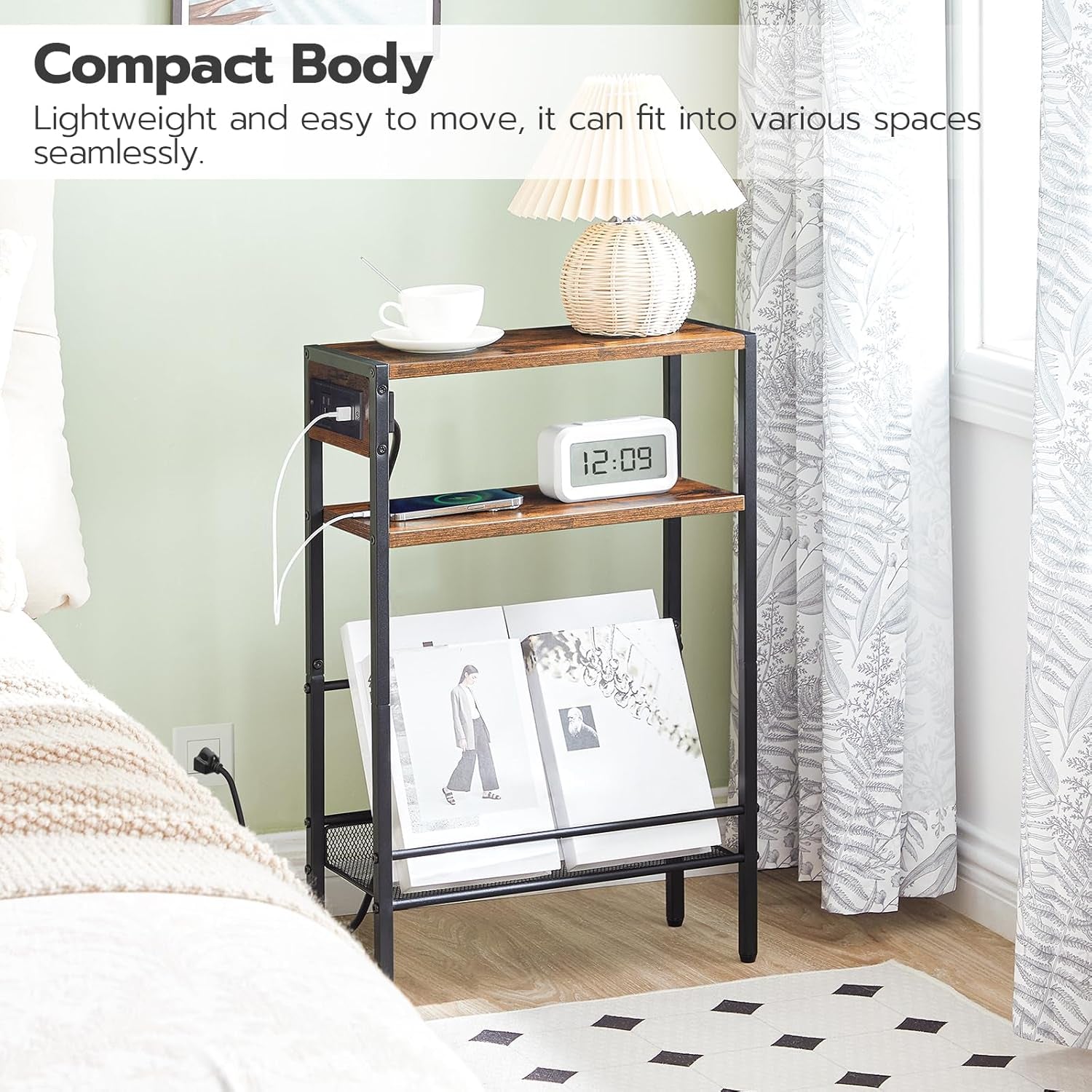 Small Narrow Side Table with Charging Station, Skinny End Table for Small Spaces, Slim Nightstand with USB Ports Outlet, Sofa beside Table with Storage Shelf, Rustic Brown and Black BF102UBZ01