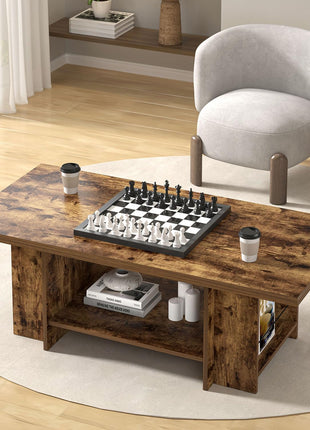 Rustic Brown 47-Inch Rectangular Coffee Table with Storage and Side Shelves for Living Room