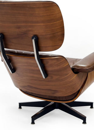 Mid-Century Modern Top Grain Leather Chaise Lounge Chair and Ottoman, Classic Accent Seating for Living Room and Office, Retro Aged Leather with Walnut Finish