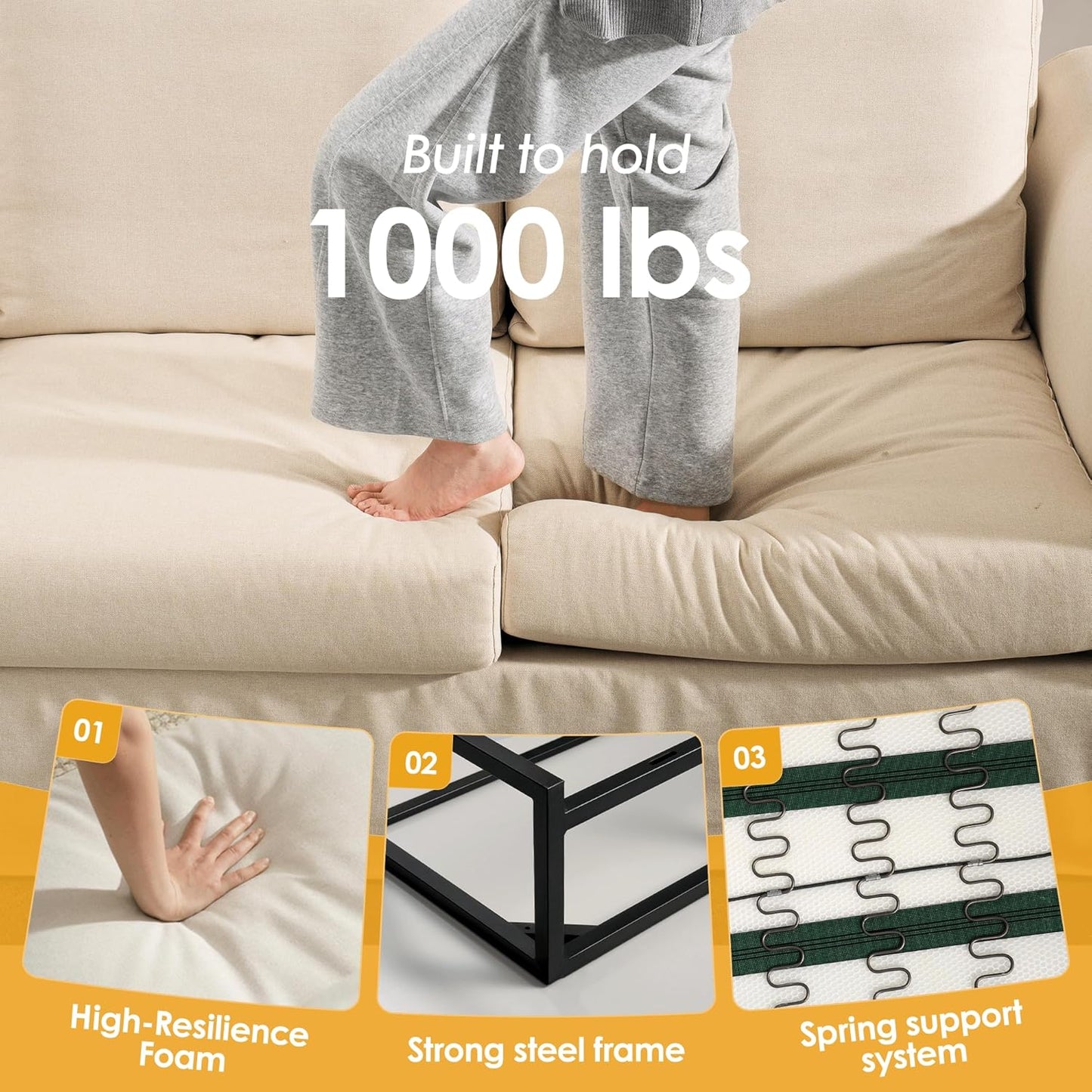 89" 3 Seater Sofa for Living Room, Deep Seated Comfy Couch with High Back Support, Removable Washable Linen Slipcover, Modern Farmhouse Style Rolled-Arm Beige Sofa