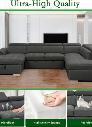 Stylish 127-Inch Charcoal Grey Microfiber U-Shaped Sectional Sofa with Pullout Bed, 7 Seats, Adjustable Headrests, Storage Chaise, and Ottoman – Effortless Assembly, Breathable, High-Quality Design for Modern Living Rooms