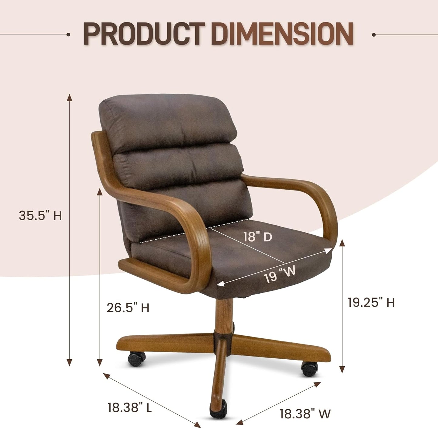 Douglas Set of 4 Swivel-Tilt Dining Chairs with Casters, Upholstered Kitchen Chairs with Wooden Arms & Metal Pedestal Base, Premium Foam Comfort, Mocha-Chestnut