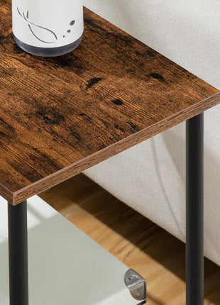 Set of 2 Rustic Brown Side Tables with Integrated Charging Station, USB Ports, and Outlets, Featuring Dual Storage Shelves for Compact Spaces