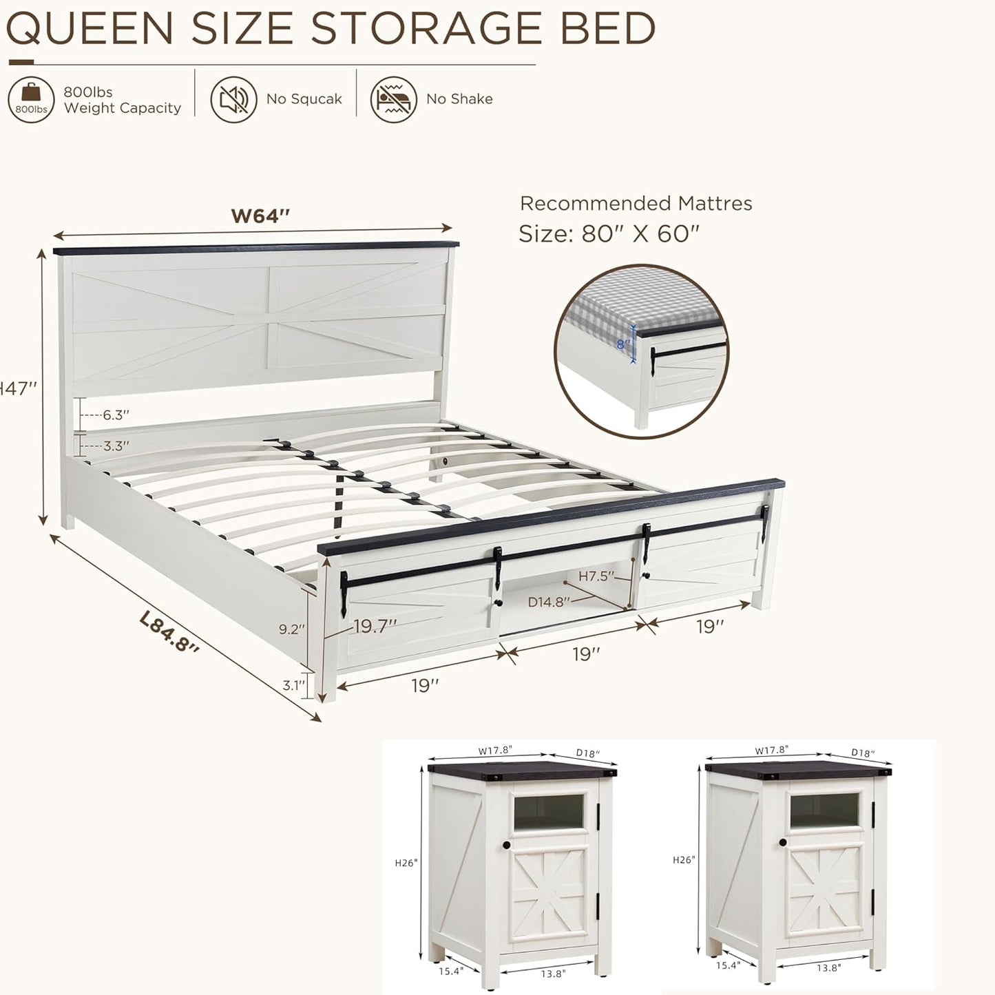 3 Pieces Farmhouse Bedroom Set-Queen Size Bed with 2 Nightstands of Sliding Barn Door Storage Cabinets, Solid Wood Slats Support, Noiseless, No Box Spring Needed, off White
