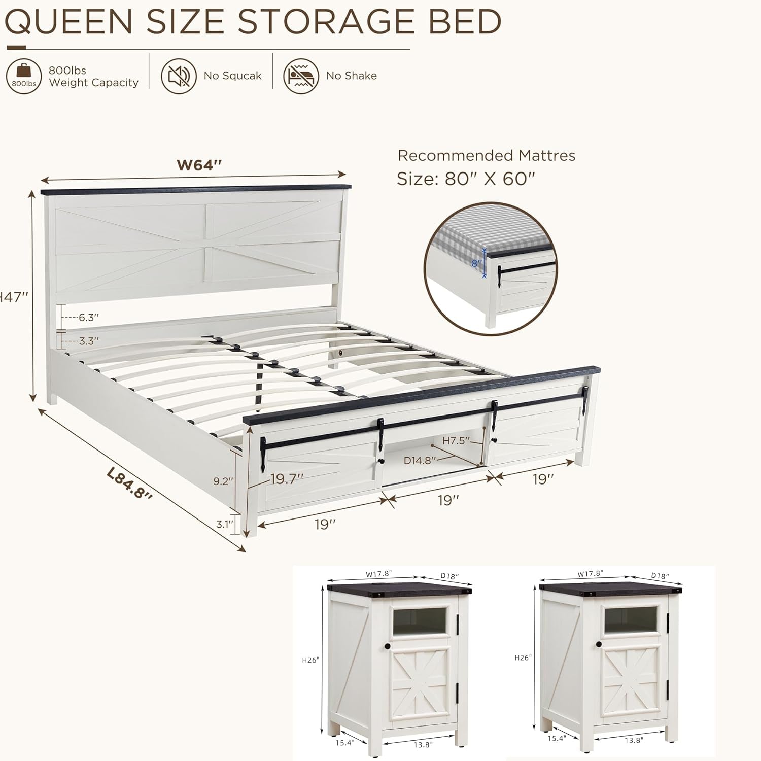 3 Pieces Farmhouse Bedroom Set-Queen Size Bed with 2 Nightstands of Sliding Barn Door Storage Cabinets, Solid Wood Slats Support, Noiseless, No Box Spring Needed, off White