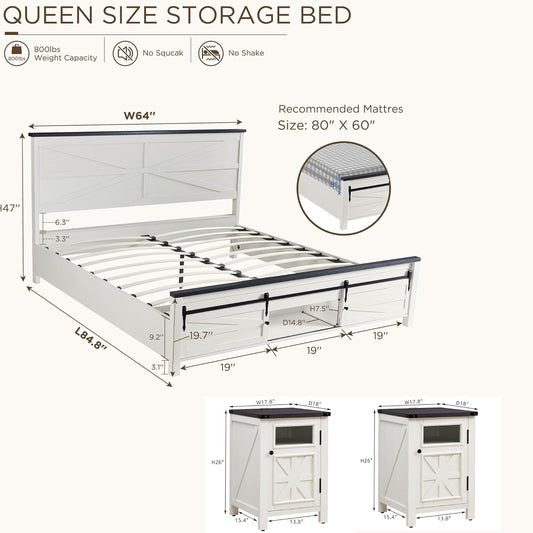 3 Pieces Farmhouse Bedroom Set-Queen Size Bed with 2 Nightstands of Sliding Barn Door Storage Cabinets, Solid Wood Slats Support, Noiseless, No Box Spring Needed, off White