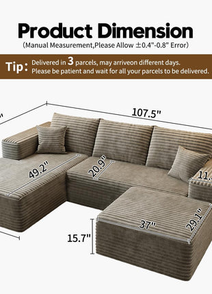 107.5" Cloud Modular Sectional Sofa with Ottoman, Modern Minimalist Upholstered U-Shaped Couch for Living Room, Deep Seat Corner Sofa, No Assembly Required (Camel, Left Facing Chaise)