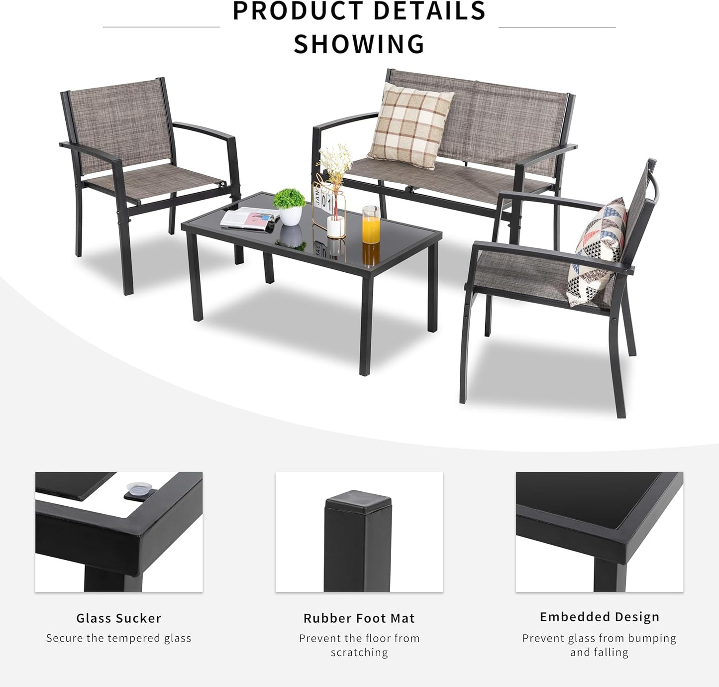 4 Pieces Patio Furniture Set All Weather Textile Fabric Outdoor Conversation Set, with Glass Coffee Table, Loveseat, 2 Single Chairs for Home, Garden, Lawn, Porch（Light Brown）