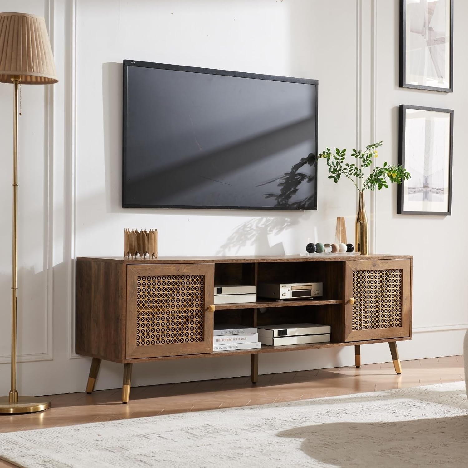 66 Inch TV Stand for 70 Inch Tvs, Mid Century Modern Media Console, Long Entertainment Center with Storage Cabinet, Oak Wood Grain Finish for Rustic & Farmhoue Living Room Decor