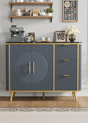 47.3" Contemporary Buffet Cabinet with Storage, Featuring 2 Doors and 3 Drawers, Fluted Design Coffee Bar Storage Solution for Dining Room, Living Room, and Entryway in Navy Blue