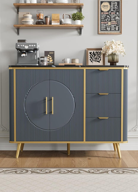 47.3" Contemporary Buffet Cabinet with Storage, Featuring 2 Doors and 3 Drawers, Fluted Design Coffee Bar Storage Solution for Dining Room, Living Room, and Entryway in Navy Blue