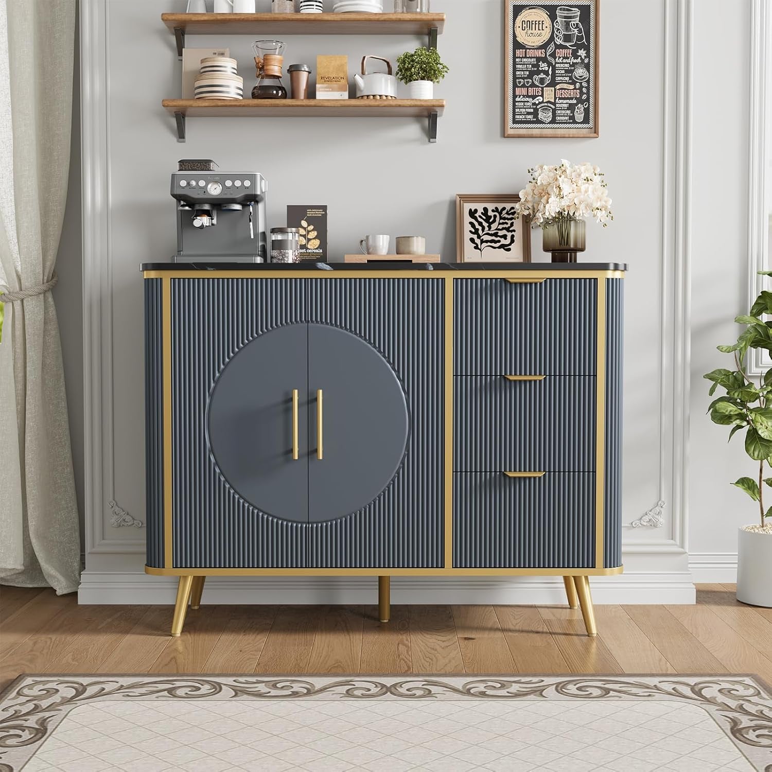 47.3" Modern Buffet Cabinet with Storage, Kitchen Sideboard Buffet with 2 Door & 3 Drawers, Fluted Caffee Bar Storage Cabinet for Dining Room, Living Room, Entryway, Navy Blue