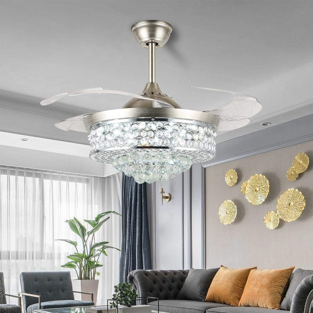 42" Crystal Ceiling Fan with Light Retractable Blades Brushed Nickel Modern LED Chandelier Remote 3 Colors 3 Speeds Change Silent Ceiling Fans Light