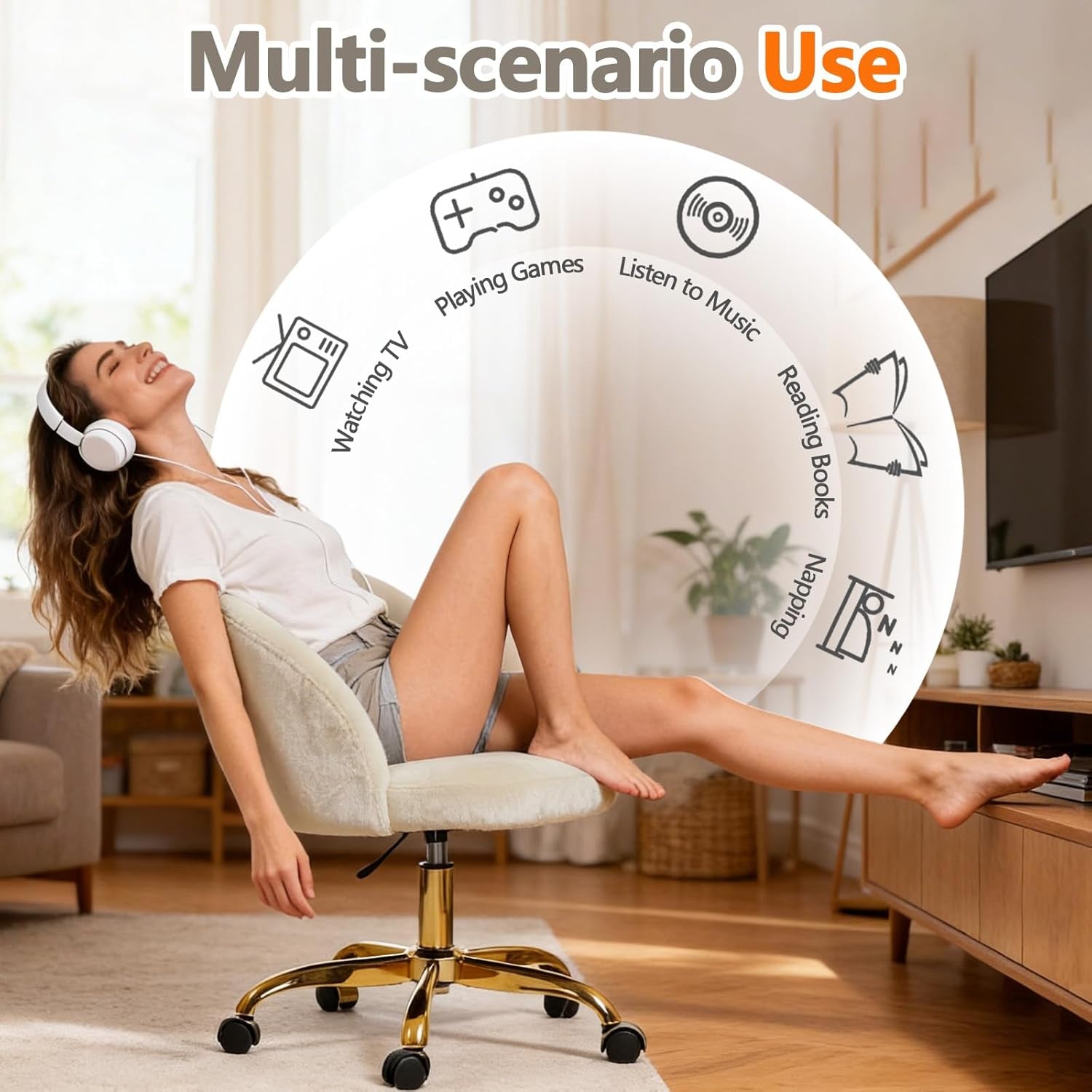 White Vanity Chair with Wheels, Cute Velvet Desk Chair, Height Adjustable, Ergonomic Home Office Desk Chairs, Rolling Vanity Chairs for Living Room/Makeup Room/Bedroom