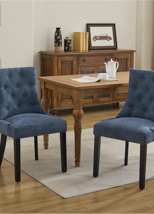 Set of 2 Upholstered Tufted Dining Chairs with Nailhead Trim and Solid Wood Legs in Dark Blue Fabric
