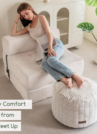 Contemporary Foam-Filled Pouf Ottoman - Elegant Round Foot Rest for Living Room, 20 x 15 Inches, Beige Boho Relaxation Stool for Events and Gatherings