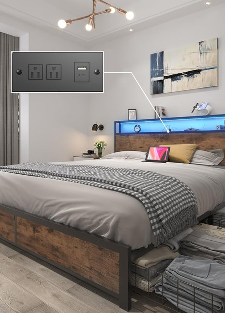 Queen Metal Platform Bed Frame with 2-Tier Storage Headboard, 4 Drawers, Built-in Charging Station, LED Lighting, and Noise-Free Support in Vintage Brown Finish