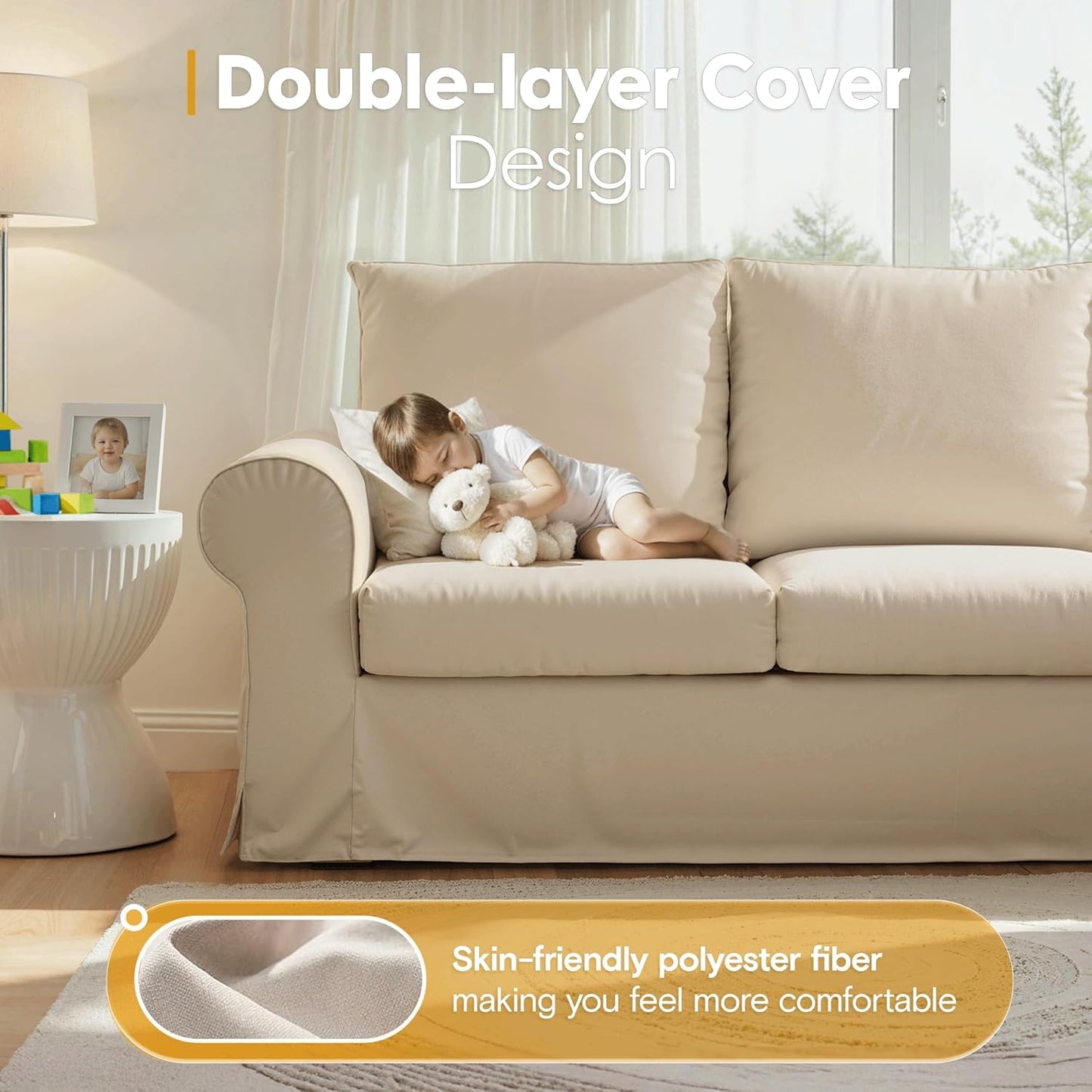 89" 3 Seater Sofa for Living Room, Deep Seated Comfy Couch with High Back Support, Removable Washable Linen Slipcover, Modern Farmhouse Style Rolled-Arm Beige Sofa