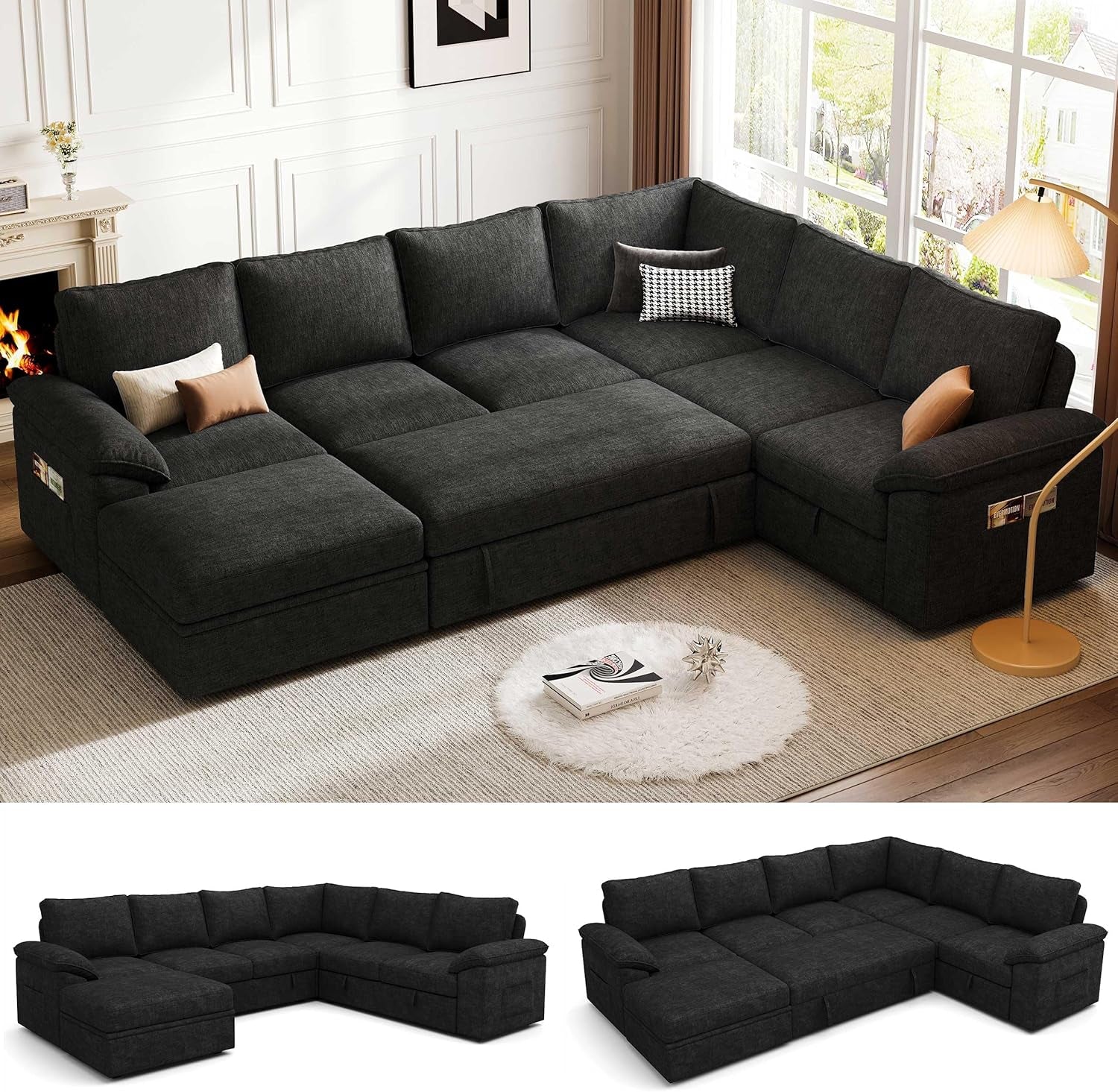108 Inch Modular Sectional Sofa with Pull Out Bed, U Shaped 7 Seat Sectional Sleeper Sofa with Storage, Sectional Couches for Living Room,Cloud Modular Couch, Removable Sofa Cover, Black