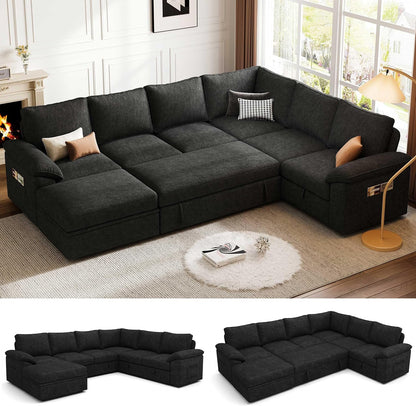108 Inch Modular Sectional Sofa with Pull Out Bed, U Shaped 7 Seat Sectional Sleeper Sofa with Storage, Sectional Couches for Living Room,Cloud Modular Couch, Removable Sofa Cover, Black