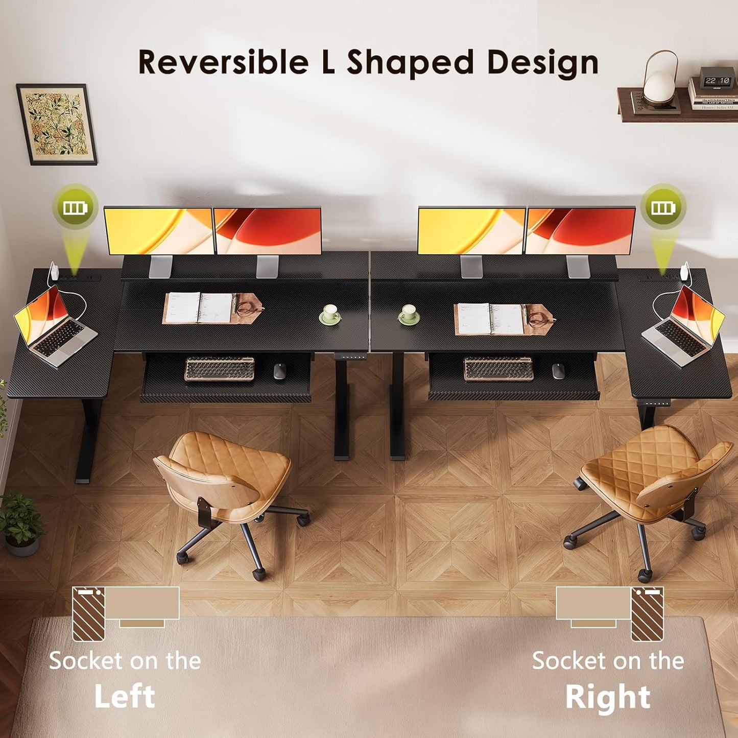 55 Inch L Shaped Electric Standing Desk with Keyboard Tray, Reversible Height Adjustable Corner Computer Desk with Monitor Stand, Sit Stand up Lift Table for Home, Office, Carbon Fiber Black