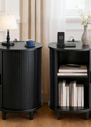 Round End Table with Storage and Charging Station, Fluted Accent Side Table with Sliding Door and Adjustable Shelf, Mid-Century Nightstand for Small Spaces, Black