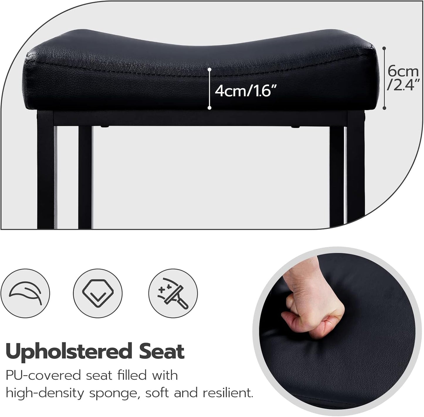 Bar Stools, Set of 2 Bar Chairs, Counter Height Stools, Saddle Barstools with Curved Surface, 24.8 Inches, 2.4" Thick Upholstery, for Kitchen, Dining Room, Cafe Black BB10BY01