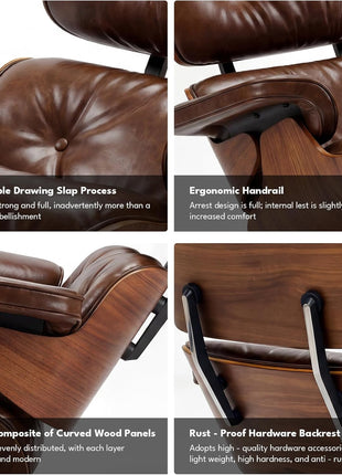 Mid-Century Modern Top Grain Leather Chaise Lounge Chair and Ottoman, Classic Accent Seating for Living Room and Office, Retro Aged Leather with Walnut Finish