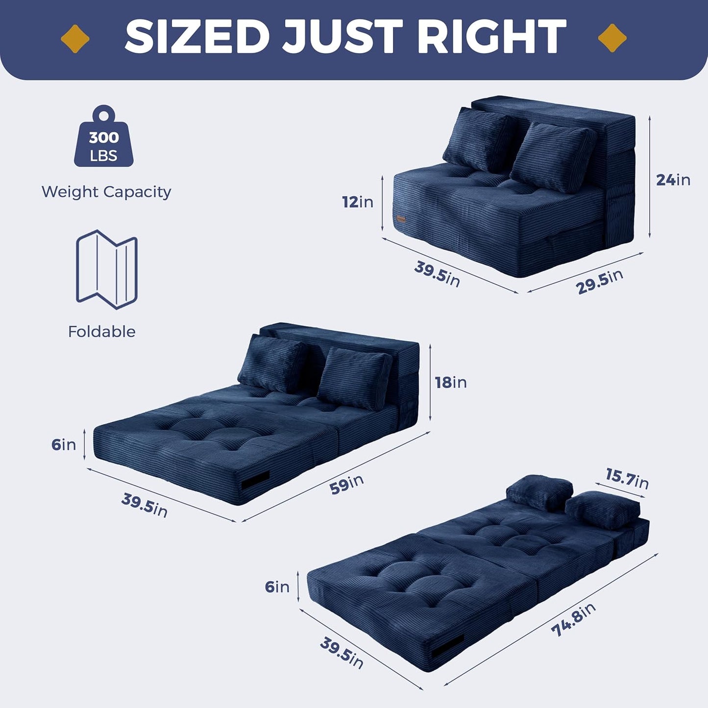 Convertible Sofa Bed, Fold Out Loveseat Sleeper Sofa with Pillow, 4 in 1 Tufted Folding Couch Bed Foam Floor Couch, Lazy Chair for Living Room Bedroom Guest Room, Navy