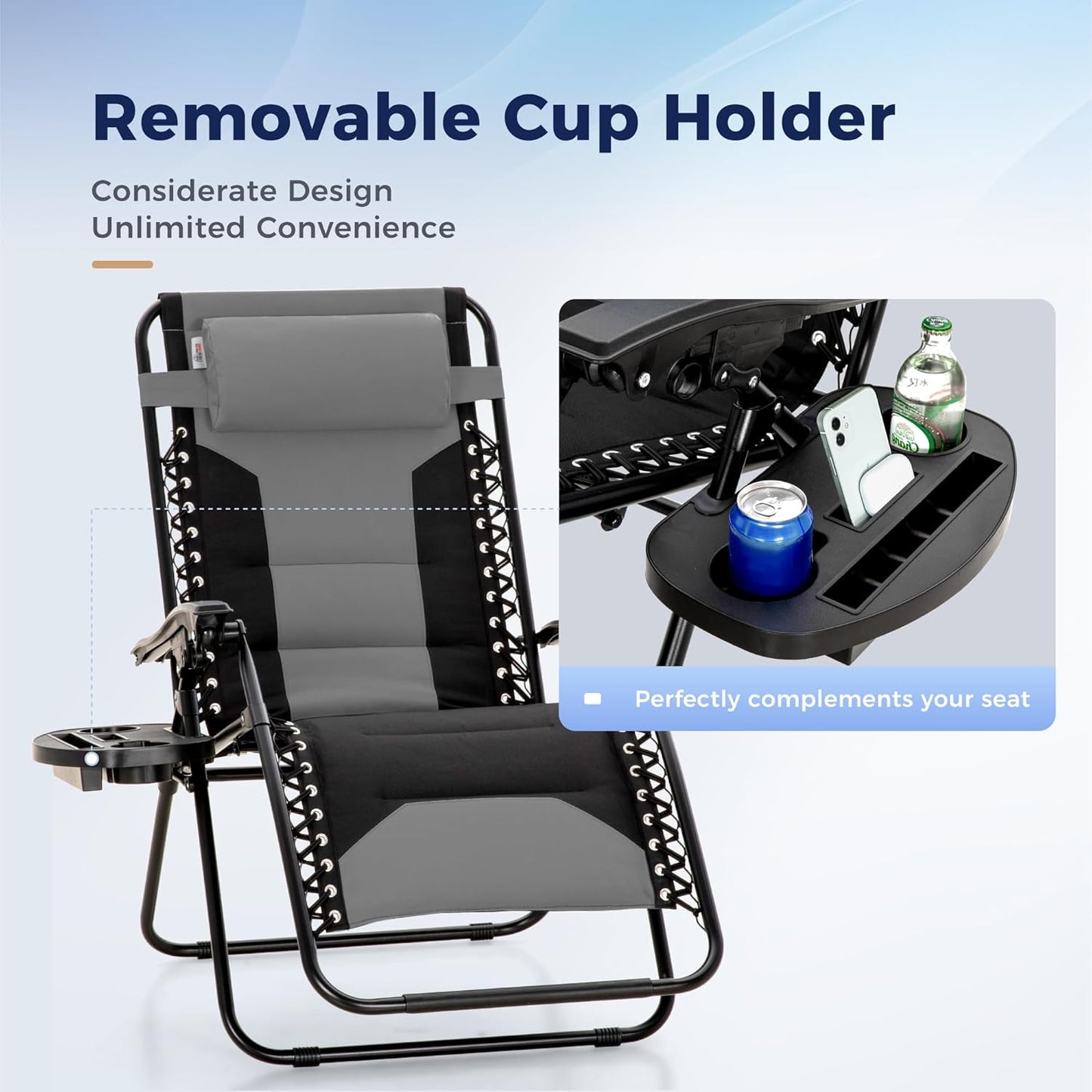 Oversized Zero Gravity Chairs Set of 2, Folding Padded Recliner anti Gravity Lounge Chair with 28" Wide Seat and Cup Holder, Support 400Lbs, Grey & Black