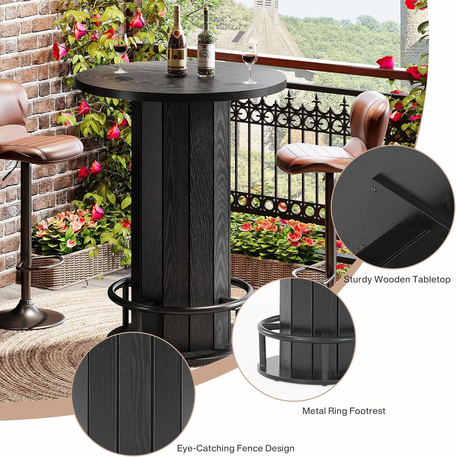 round Bar Table, 39.4" H Wood Bistro Pub Table with Metal Ring Footrest for Dining Coffee Cocktail Living Room, Small Space, Black(Only Table)