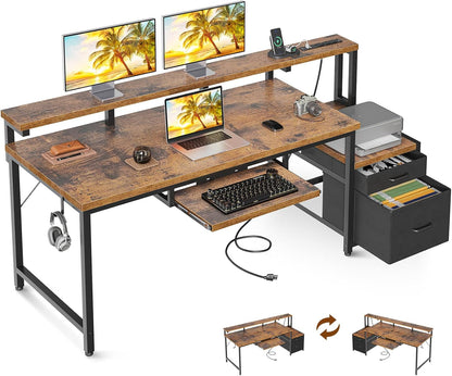 Computer Desk with Drawers and Keyboard Tray, 63" Office Desk with Power Outlet, Reversible Study Work Desk with Printer Shelf and PC Stand for Home Office, Vintage