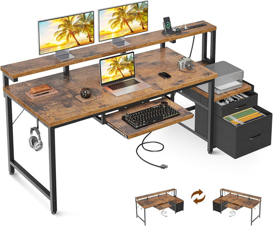 Computer Desk with Drawers and Keyboard Tray, 63" Office Desk with Power Outlet, Reversible Study Work Desk with Printer Shelf and PC Stand for Home Office, Vintage