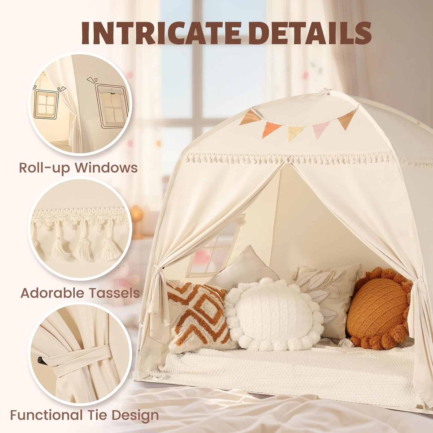 Large Teepee Tent for Kids: with Star Lights & Flags - Tent for Kids Indoor Kids Teepee for Boys & Girls - Playhouse inside Canopy Bed for Playroom Gift Toys (Cream)