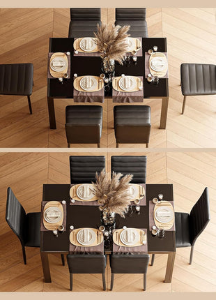 7-Piece Contemporary Dining Table Set for Six with Tempered Glass Top in Black - Perfect for Home, Kitchen, Living Room, and Dining Room