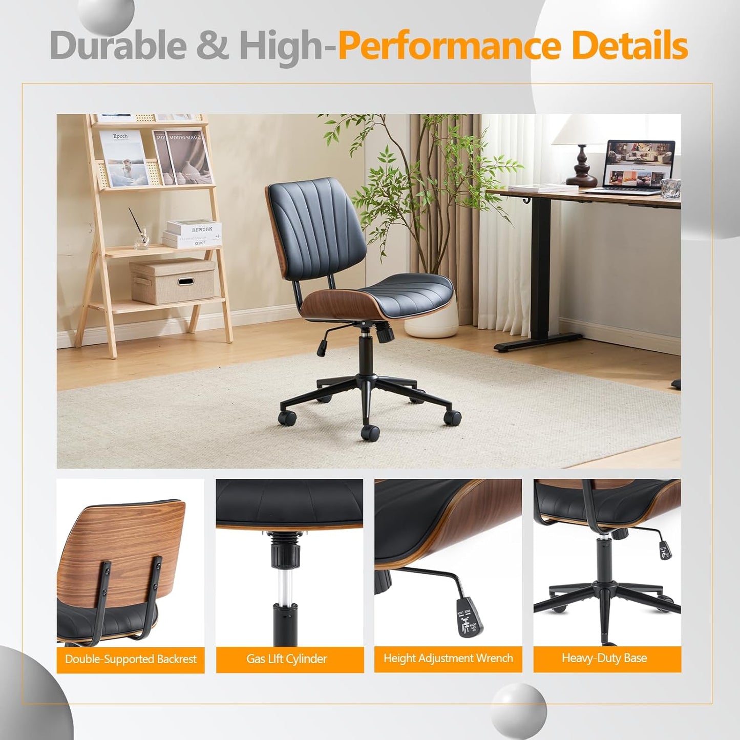 Wide Curved Seat&Back Armless Home Office Chair,Ergoromic Adjustable-Height Desk Chair,Swivel&Tilting Function,Stylish Walnut Task Chair for Meeing Room,Dining Room,Pu, Black