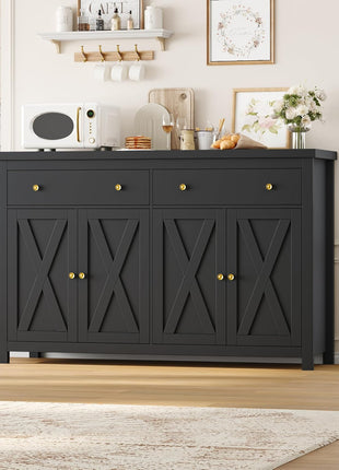 55-Inch Sideboard Buffet Cabinet with Storage Solutions, Including 2 Drawers and 4 Doors, Wood Coffee Bar Buffet Table for Kitchen and Dining Room in Black Finish