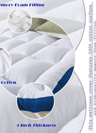 5-Inch Queen Mattress Topper for Enhanced Back Pain Relief Featuring Breathable Soft Memory Foam Pillow Top and Secure Elastic Straps