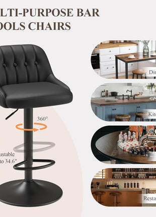 Set of 3 Contemporary Adjustable Swivel Bar Stools with Tufted Backrest, PU Leather Upholstery, Counter Height for Bar, Kitchen Island, and Dining Room, Black