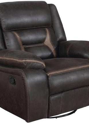 3-Piece Dark Brown Faux Leather Motion Living Room Set with Reclining Sofa, Glider Loveseat with Console, and Glider Recliner with Built-In Cup Holders, Storage, and Power Outlets