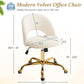 Modern Velvet Small Office Chair,Cute Desk Chair with Wheels,Gold Base/Studs, Comfy Armless Swivel Vanity Task Chair for Women/Girl/Kids, Nail Tech Chair for Bedroom,Small Space,White