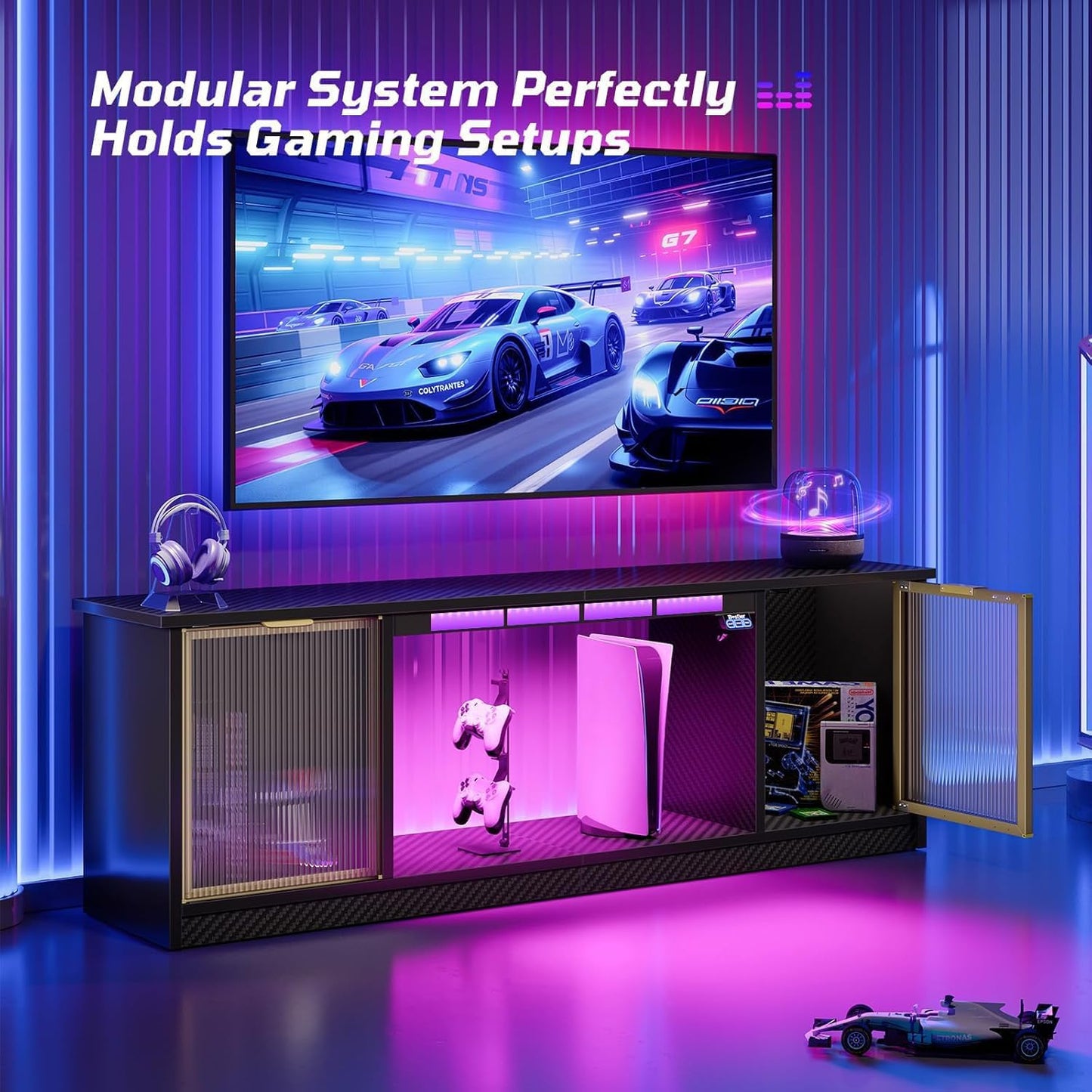 Gaming TV Stand with Music Sync Light, Flow Vibe Entertainment Center with Storage for PS5 Xbox, RGB LED Party Modes Television Stands for 50/55/60/65 Inch TV (Black 3D Carbon Fiber, 57 Inch)