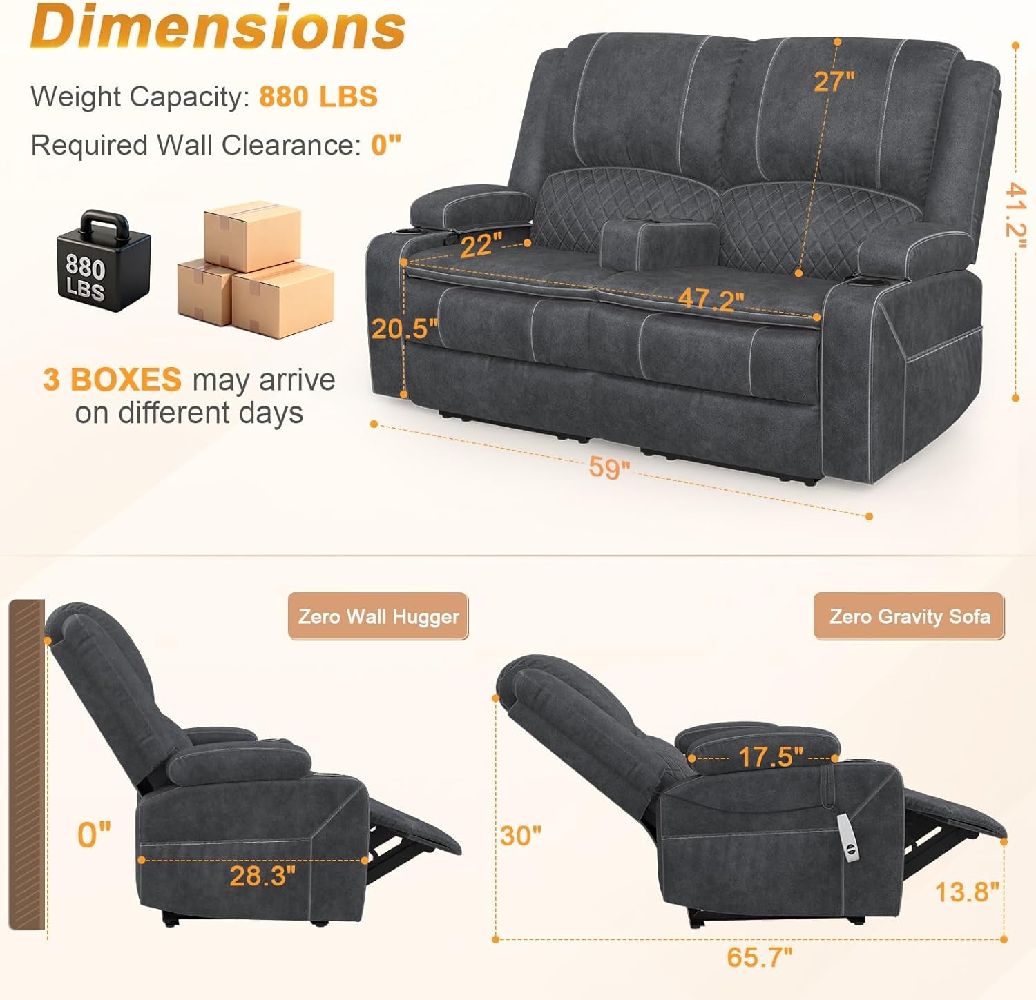 Loveseat Recliner Sofa, Power Reclining Loveseat Sofa RV Couch with Removable Armrest and Remote Control, Wall Hugger Home Theater Seating with 2-Tier Cushions, Storage & USB Ports, Grey