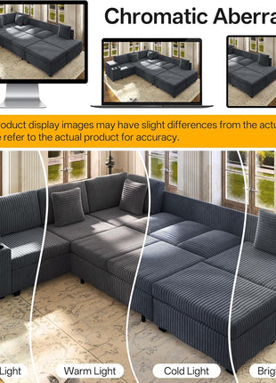 Spacious 110" L-Shaped Plush Corduroy Modular Sectional Sofa with Pull-Out Bed, 6-Seater Sleeper Couch, Ottoman, USB Ports, and Cup Holders - Effortless Assembly, Ideal for Living Room, Gray