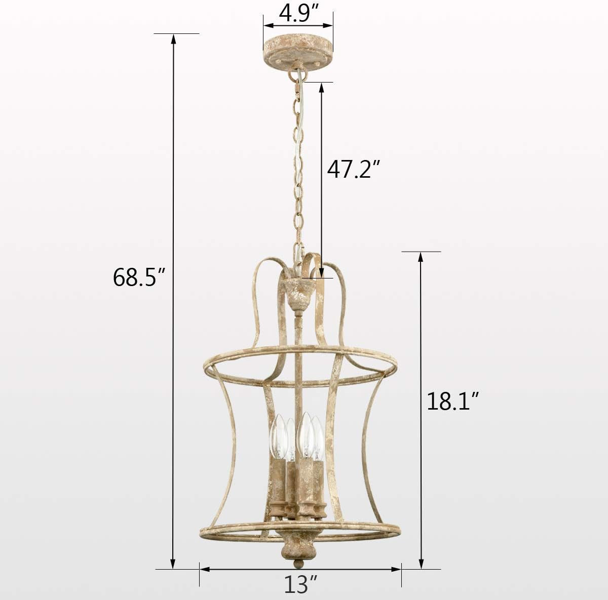 French Country Lantern Chandelier 4-Light Distressed White Pendant Light Fixtures with Chain Modern Farmhouse Lantern Pendant Lighting for Kitchen Island Dining Room
