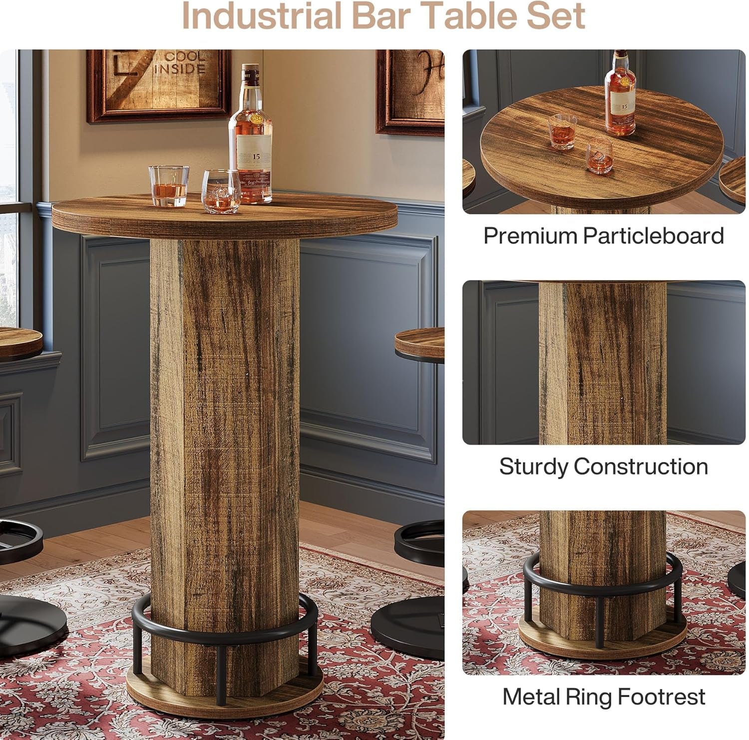 round Bar Table with Chairs, Industrial Bistro Sets with 2 Barstools, Pub Cocktail Table with Metal Ring Footrest for Kitchen Nook, Apartment, Small Space