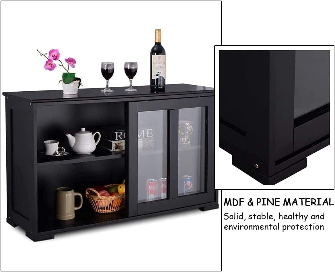 Kitchen Stackable Storage Cabinet with Height Adjustable Shelves & Glass Sliding Doors, Cupboard Server Buffet Console Sideboard, Black